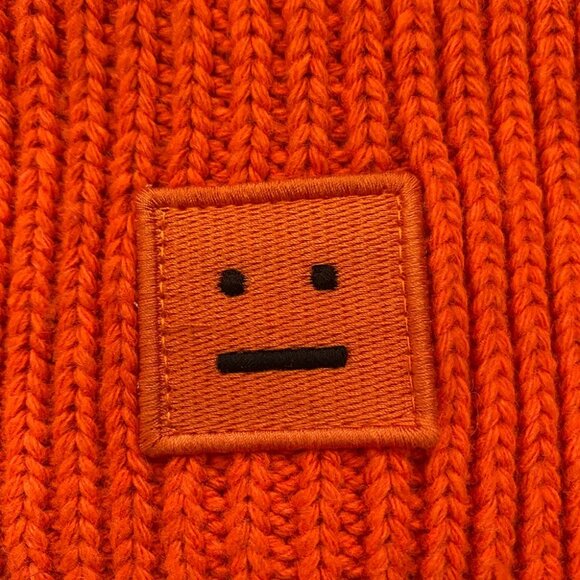 Acne Square Embroidered Face Orange Knitted Hat - Picture 5 of 6
